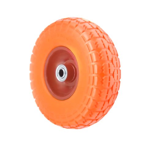 PU 1802-20 - Колесо для тачки / тележки полиуретановое бескамерное 4.10/3.50-4, сварной диск, диаметр 260 мм, ось 20 мм, металлический обод, симметричная ступица, шариковый подшипник